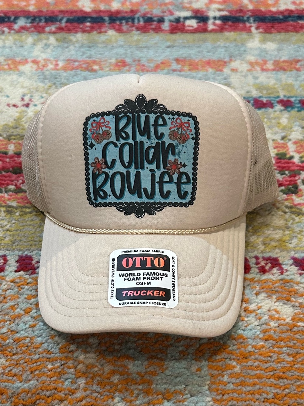 “Blue Collar Boujee” Beige Trucker Hat